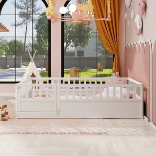 White Full Size Pine Wood Floor Bed, Integral Construction with Super High Security Barrier, Door, Children's Floor Bed Frame