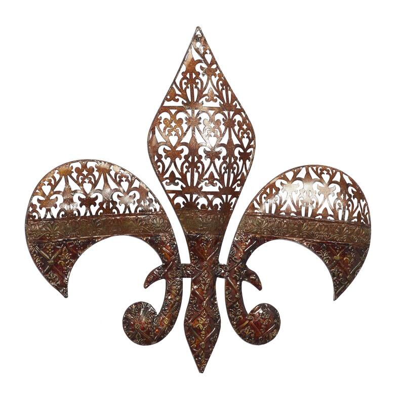 Metal Fleur De Lis Wall Decor with Perforated Details - Brown - Roche River Decor