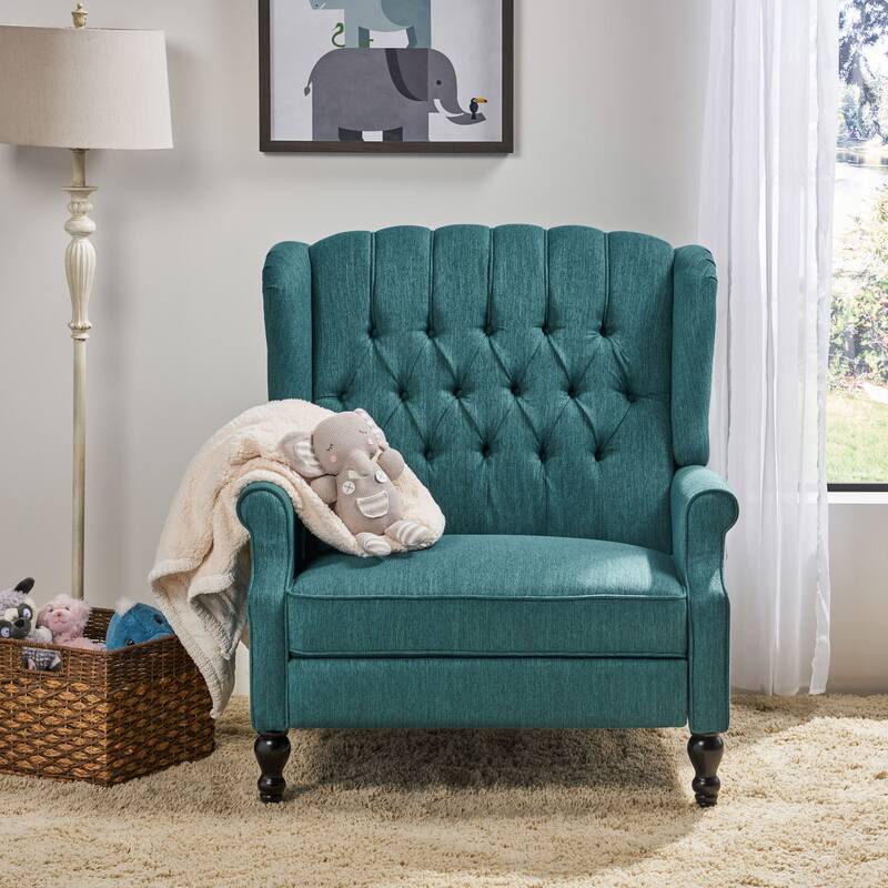 Teal Oversized Wingback Push-Back Recliner with Footrest, Tufted Back, Nailheads