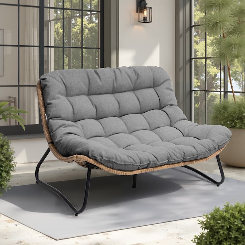 VredHom PE Rattan Double Papasan Chair Loveseat with Cushion for Indoor Outdoor