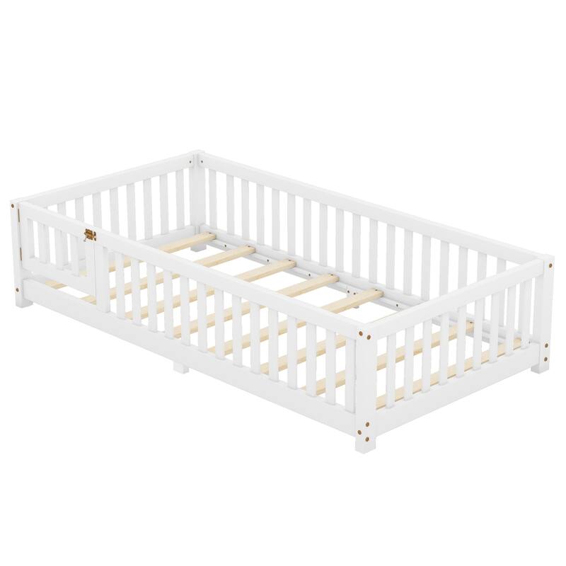 White Twin Size Pine Wood Floor Bed with Safety Guardrails and Door
