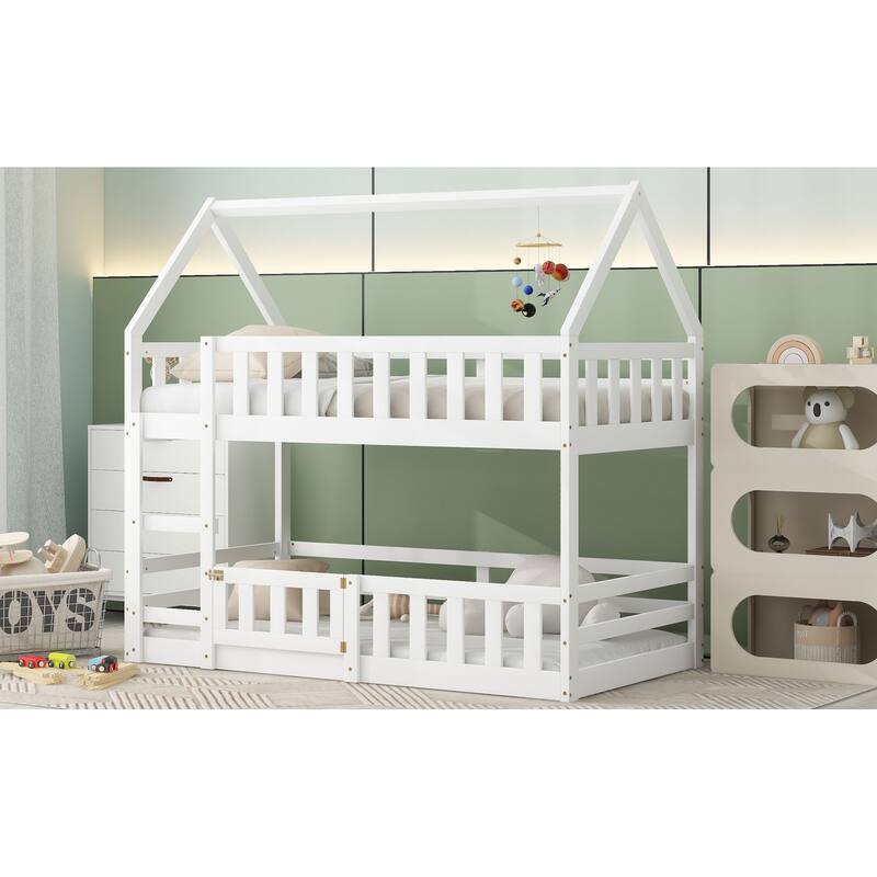 Twin Over Twin Bunk Bed with Fence and Door House Shape Design Solid Wood
