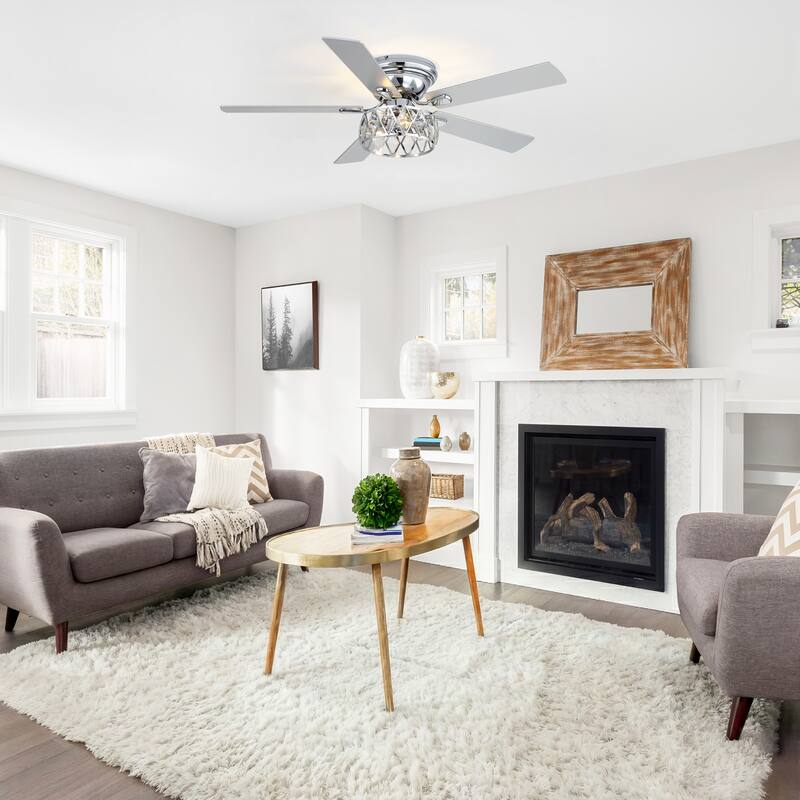 52" Flush Mount 5-Blade Modern Crystal Indoor Ceiling Fan with Light Kit and Remote