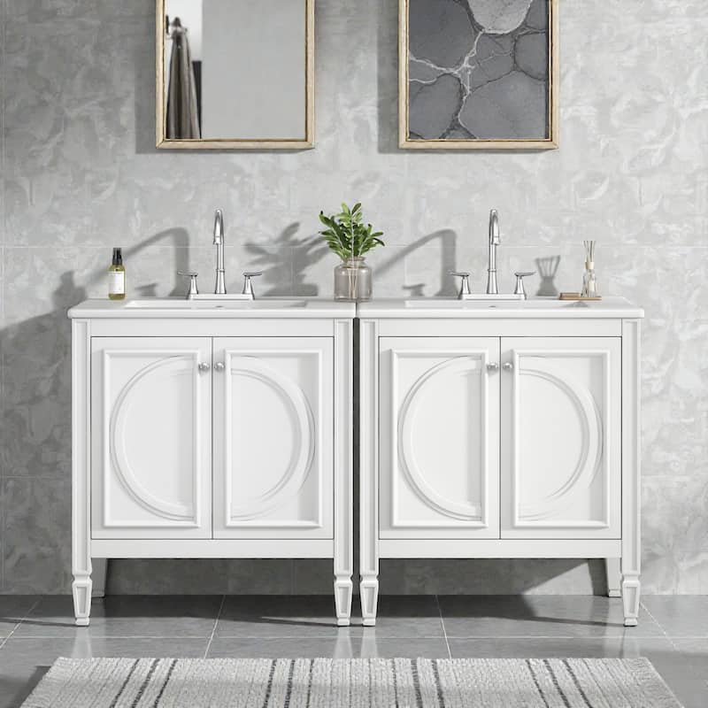 60" Double Sink Bathroom Vanity Set with Ceramic Tops, Soft-Close Doors, Storage Shelves & Drawer, Solid Wood Frame - White