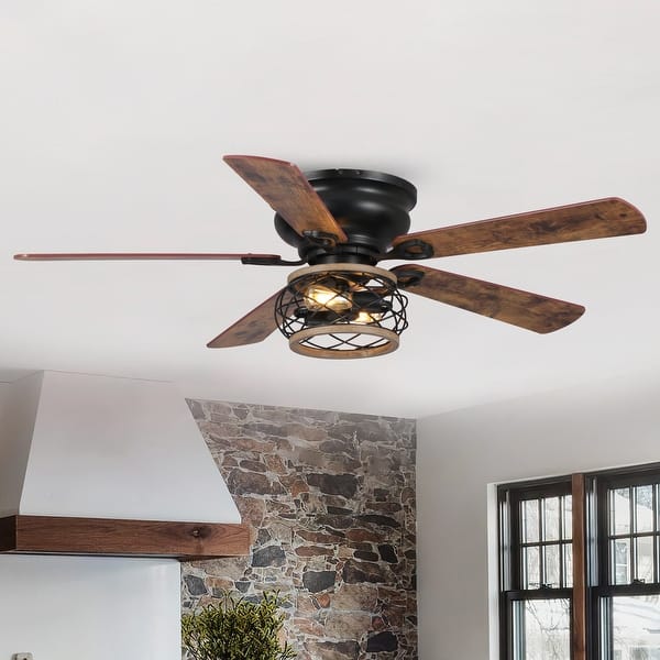 slide 2 of 19, 48" Antique Wooden 5-Blade Black Flush Mount Ceiling Fan with Light