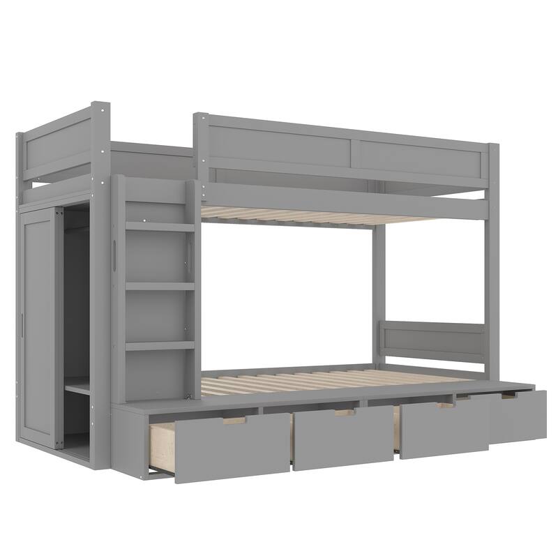 Twin Over Twin/Twin XL Over Full Bunk Bed Solid Wood Storage Bedframe with Built-in Wardrobe, 4 Under Drawers and Guardrails