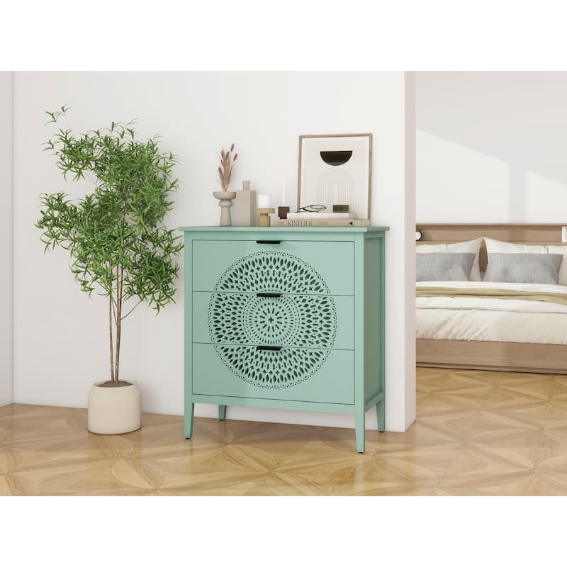 Roomfitters 3 Drawer Storage Cabinet, Hollow Carved Accent Dresser with Metal Handles, Green