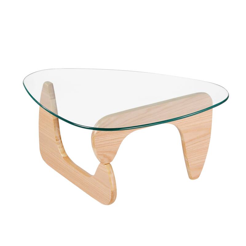 Modern Triangle Clear Glass Coffee Table with Wood Base