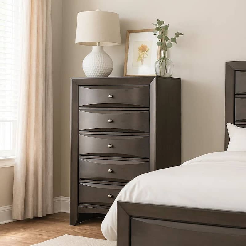 Simo Tall Dresser Chest, 5 Drawers, Chrome Handles, Modern Dark Gray