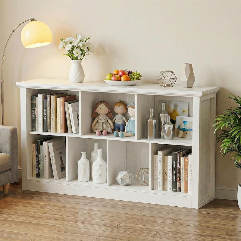 7/10 Cube Bookcase Organizer with Backpanel, 50" Wooden Storage Book Shelf for Living Room, Bedroom, Home Office, Kids Room - Antique White - 7 Cube (13.4"D x 50"W x 26"H)