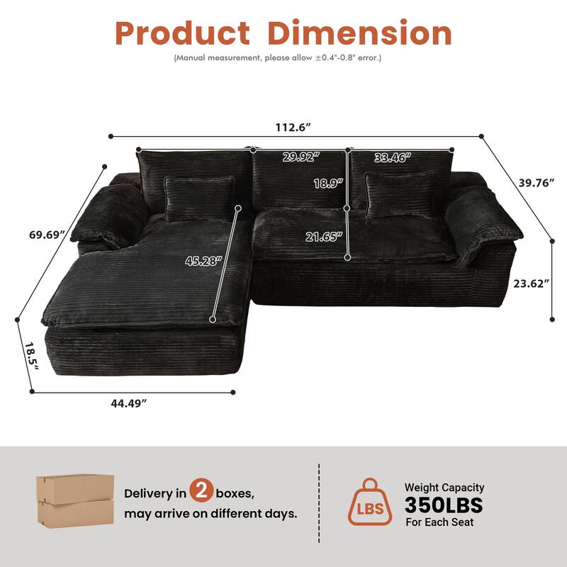 HOOOWOOO Modern Corduroy Fabric L-shaped Sectional Couch Chaise Sofa
