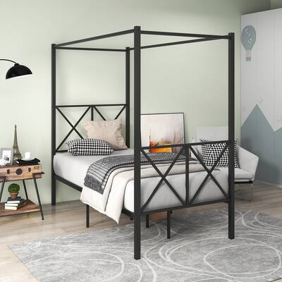 X-Shaped Frame Metal Canopy Platform Bed