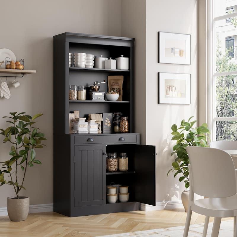 5-Tier Bookshelf, 70 Inch Tall Bookcase with 2 Doors and 1 Drawer, Modern Pantry Sideboard with Adjustable Shelf