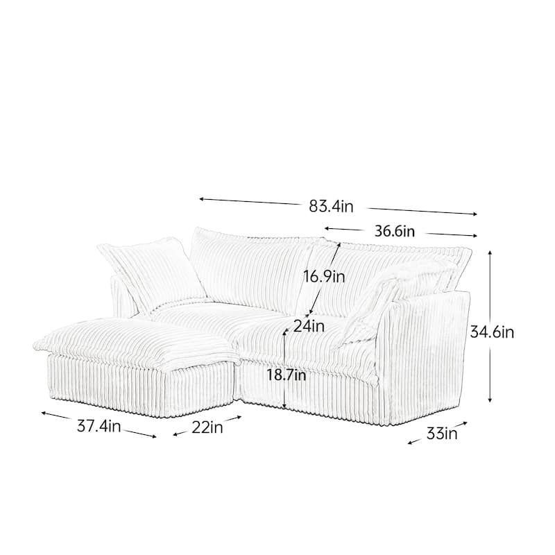 83.4" Corduroy L-Shaped Sectional with Convertible Ottoman and 2-Seater Sofa & Pillows