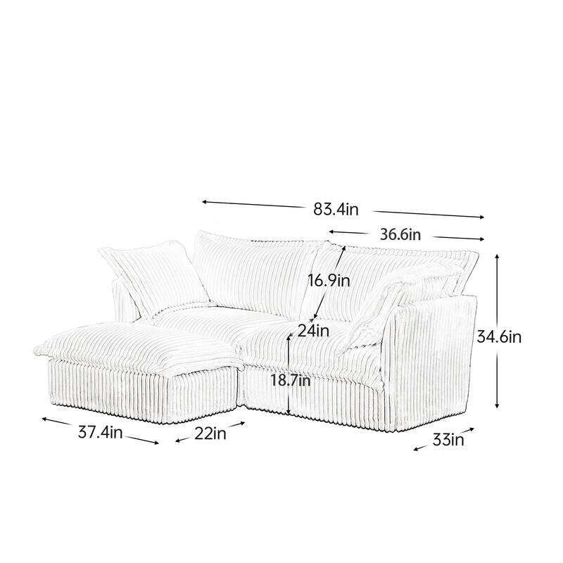 Corduroy Slipcovered 2-Seater Sectional Sofa with Convertible Ottoman, Wide and Deep Seat,and Soft Multiple Big Pillows