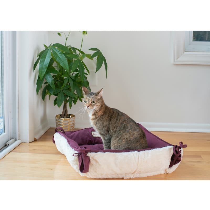 2-In-1 Cat Pet Bed and Fleece Cat Mat, Burgundy/Ivory - 16"L x 16"W x 6"H