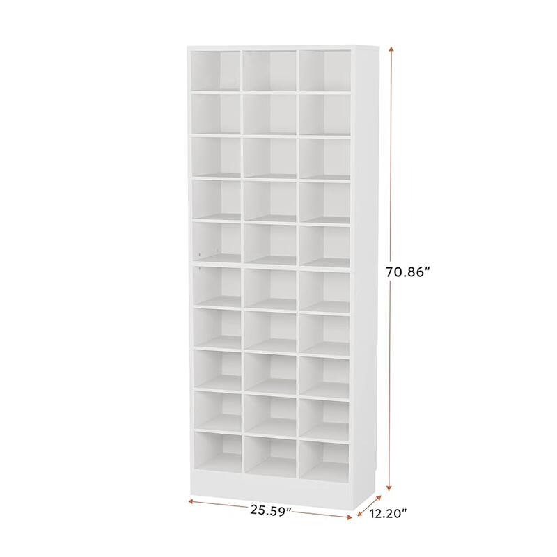 Shoe Cabinet, 10 Tier, White Wood Finish, 30 Open Shelves, 71 Inch