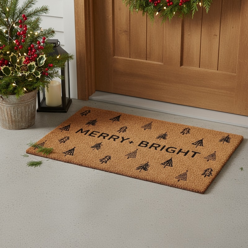 HomeRoots 24" X 36" Brown And Black Christmas Trees Merry and Bright Outdoor Coir Door Mat - 24.00' X '36.00 - 24.00' X '36.00