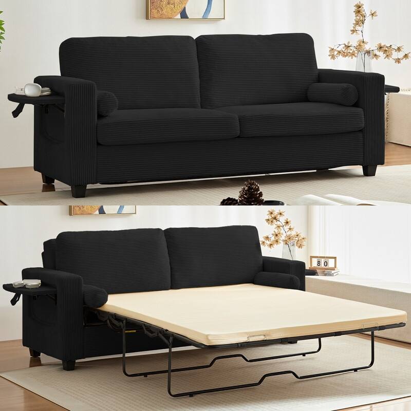 Mixoy Convertible 2-in-1 Pull Out Sleeper Sofa Bed Loveseat with 2 Wing Table and Memory Foam Mattress - Black - 64.2''W×85''D×18.5"H