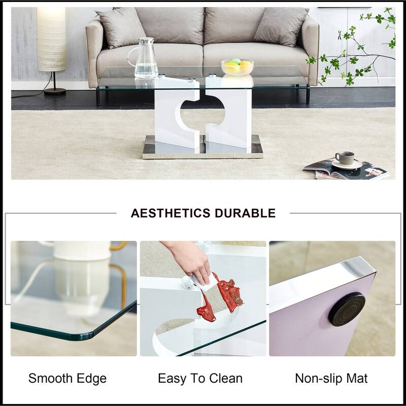 Rectangular Coffee Table with Tempered Glass Tabletop and White MDF Legs