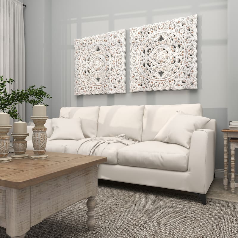 Wooden Floral Handmade Intricately Carved Home Wall Decor with Mandala Design - White - Roche River Decor