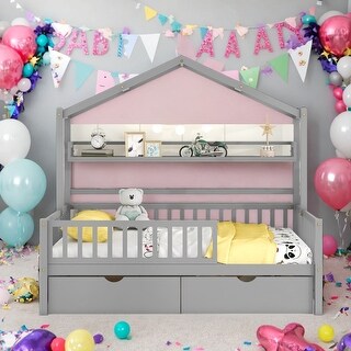 Modern Full Size Wooden House Bed Kids Bed with 2 Drawers and Storage Shelf,Playhouse Design