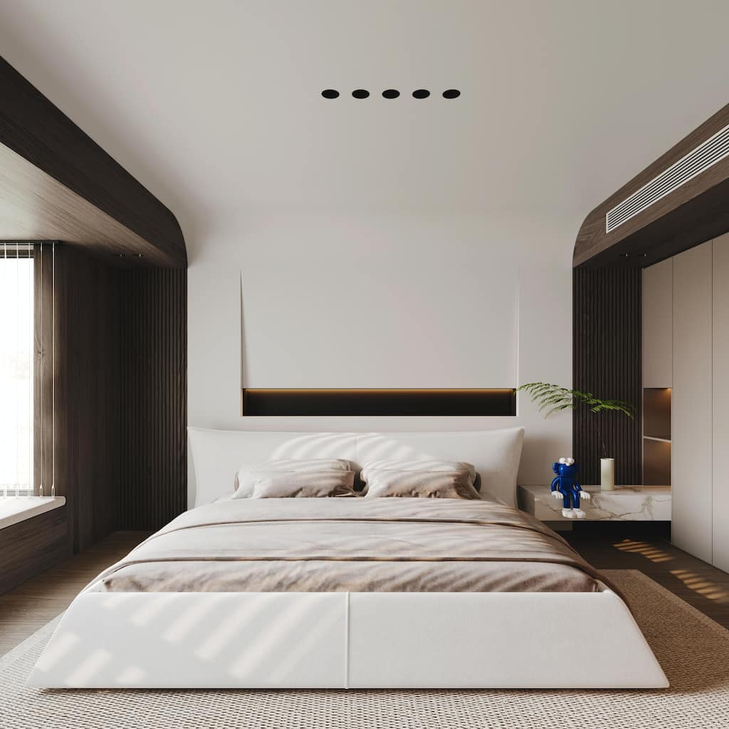 King Size Upholstered Platform Bed with Unique Shaped Velvet Headboard