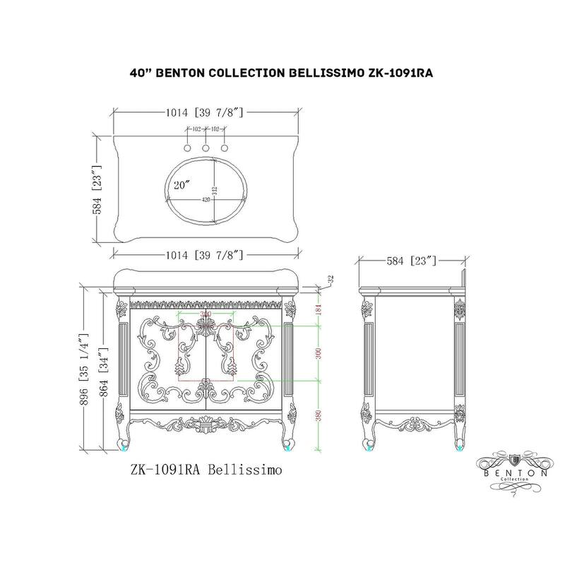 39" Benton Collection Belissimo Antique Style White Bathroom Vanity - 40 x 22 x 35'' H