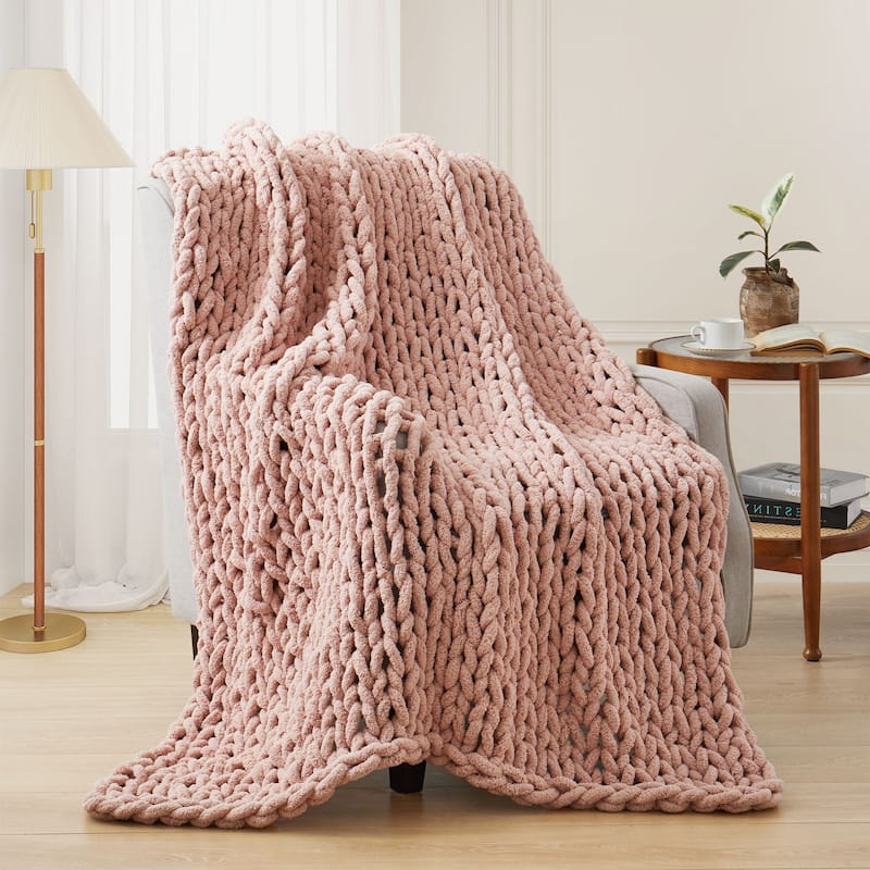Handmade Chunky Knit Chenille Yarn Throw Blanket 50"x60" - Pink
