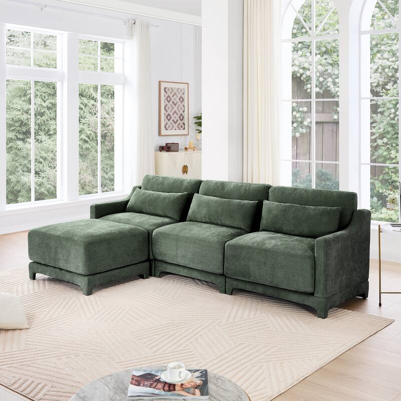 Modern Chenille Sectional Sofa with Lumbar Pillows for Living Rooms,Easy install - Green+3 Seaters with 1 Ottoman