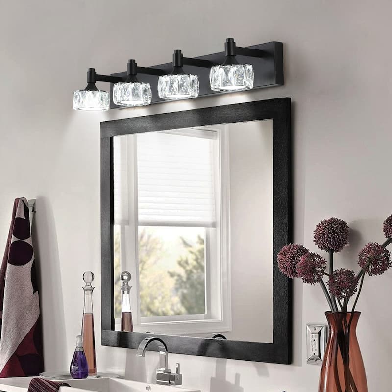 Modern 4-Light Matte Black LED Vanity Light Fixture with Crystal Glass Shades, Bathroom Wall Sconce