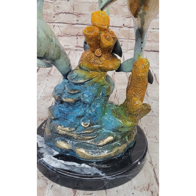 Colorful Bronze Sculpture Of Three Imitative Dolphins Leaping From Water - Signed Numbered Marine Life Art