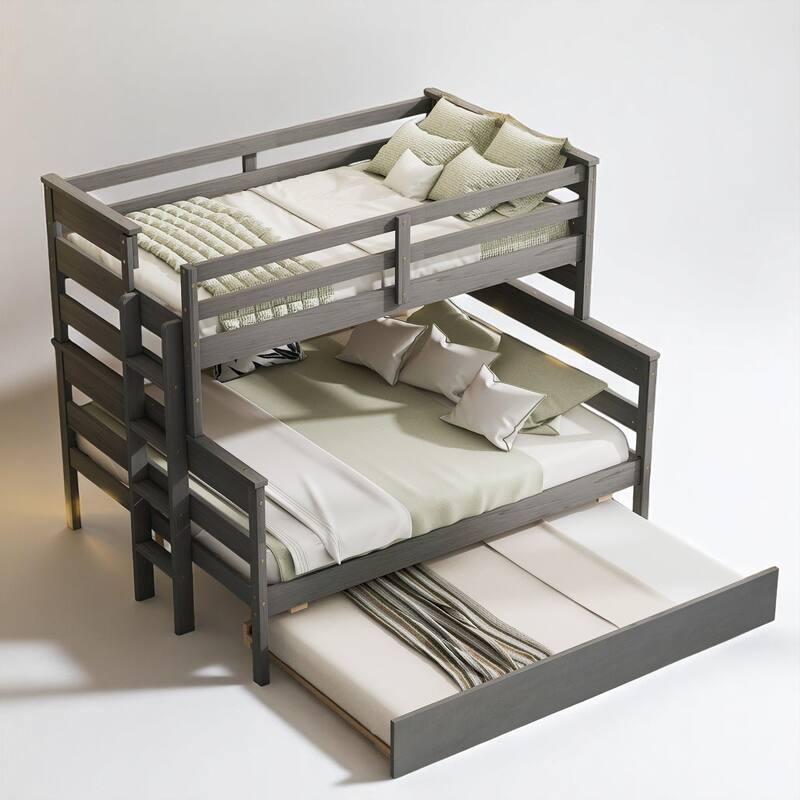 Wooden Twin Over Full Bunk Bed with Pull-Out Twin Trundle, Sturdy Slats, Safe Guardrails, Easy Assembly