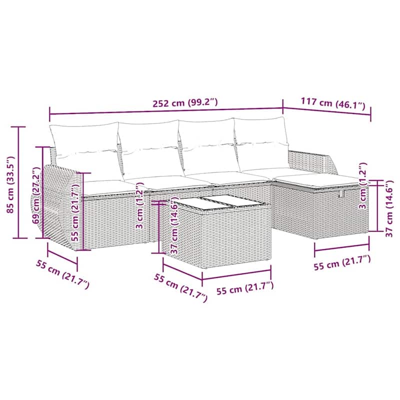 vidaXL Patio Sofa Set with Cushions Outdoor Conversation Furniture Poly Rattan - 21.7" x 24.4" x 27.2"