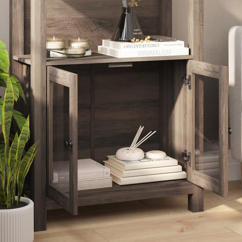 Modern Farmhouse Bookcase with Open Shelving and Glass Door Cabinet
