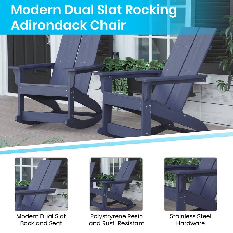 Modern 2-Slat Adirondack Poly Resin Rocking Chair for Indoor/Outdoor Use