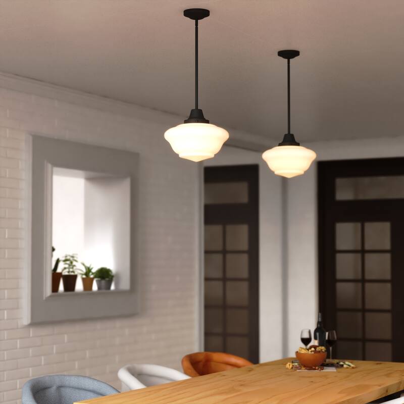 VAXCEL Eastgate 1-Light 12 in. Wide Schoolhouse Mini Pendant, White Frosted Opal Glass Shade, Hanging Ceiling Fixture