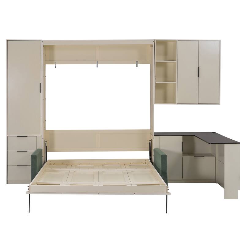 Queen Size Murphy Bed with Sofa, Space Saving Wall Bed with Desk Storage Shelves and Drawers for Home Office Pull Down Bed