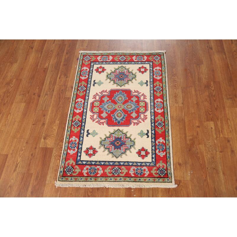 Ivory Geometric Kazak Oriental Foyer Rug Hand-Knotted Wool Carpet - 2'0"x 3'0"