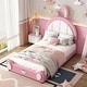 preview thumbnail 5 of 6, Twin Size Upholstered Platform Bed with Rabbit Shaped Headboard, Pine Wooden Bed with Support Slat for Bedroom, White Pink