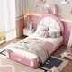 preview thumbnail 10 of 16, Twin Size Upholstered Platform Bed with Rabbit Shaped Headboard Pink+White