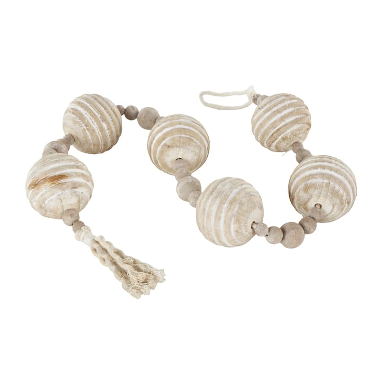 Cream Wood Handmade Distressed Beaded Garland with Tassel