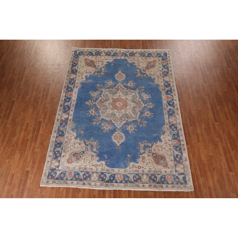 Tabriz Vintage Persian Rug Hand-Knotted Blue Wool Carpet - 8'4" x 11'3"