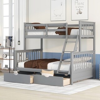 Minimalist Design Twin Over Full Wood Bunk Bed with Ladders,Solid Pine Wood Bed with Two Storage Drawers