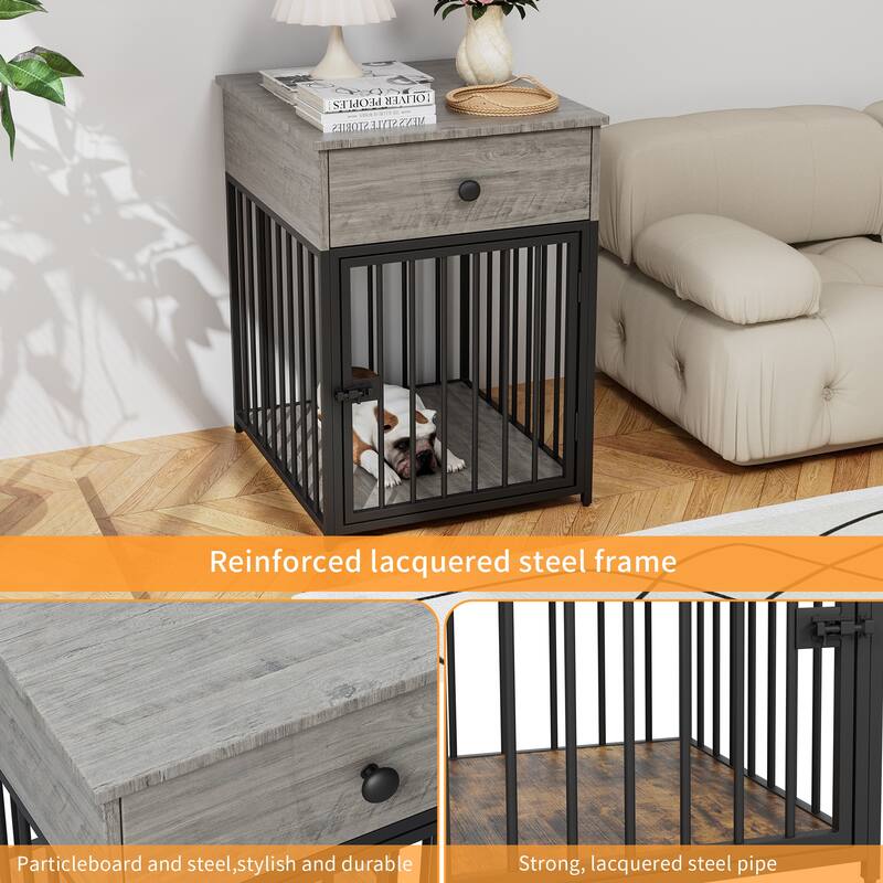 Decorative Dog Crate Dog House Dog Kennel with Drawer Indoor Pet Crate End Table for Small Dog Iron-Tube Dog Cage