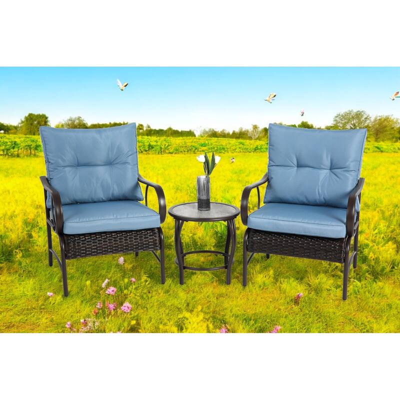 3-Piece Outdoor Wicker Patio Set with Cushions and Coffee Table – Furniture Set/Chair Set for Patio, Garden, or Poolside