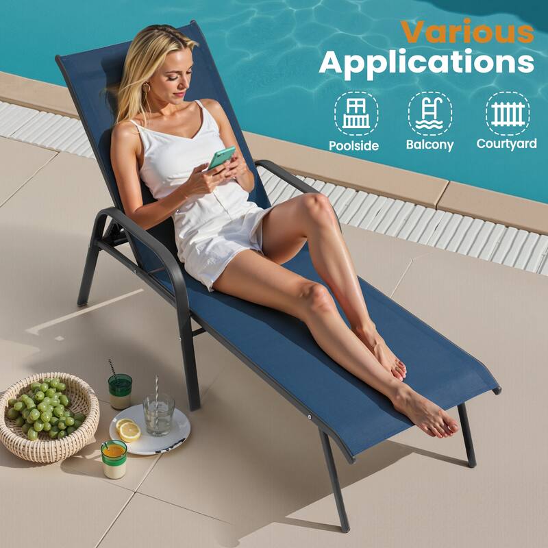 Outdoor Patio Adjustable Back Chaise Lounges Chairs with Arms(Set of 2 )