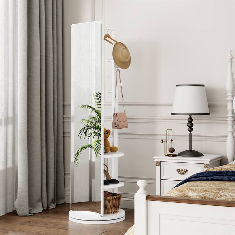 360 Rotating Multifunctional Full Length Mirror with Hook Storage Rack Coat Rack