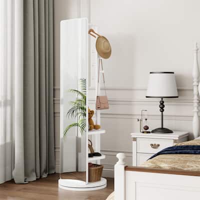 360 Rotating Multifunctional Full Length Mirror with Hook Storage Rack Coat Rack