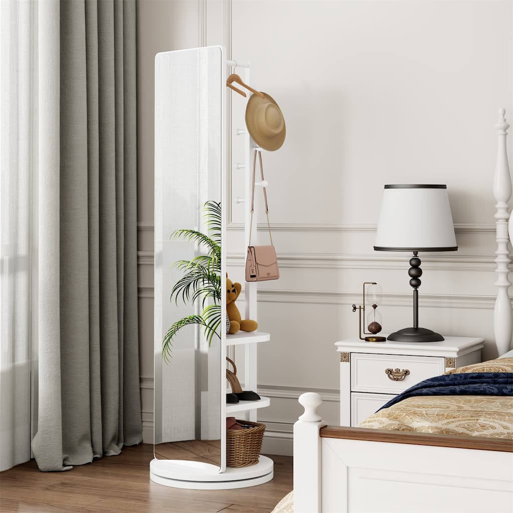 360 Rotating Multifunctional Full Length Mirror with Hook Storage Rack Coat Rack